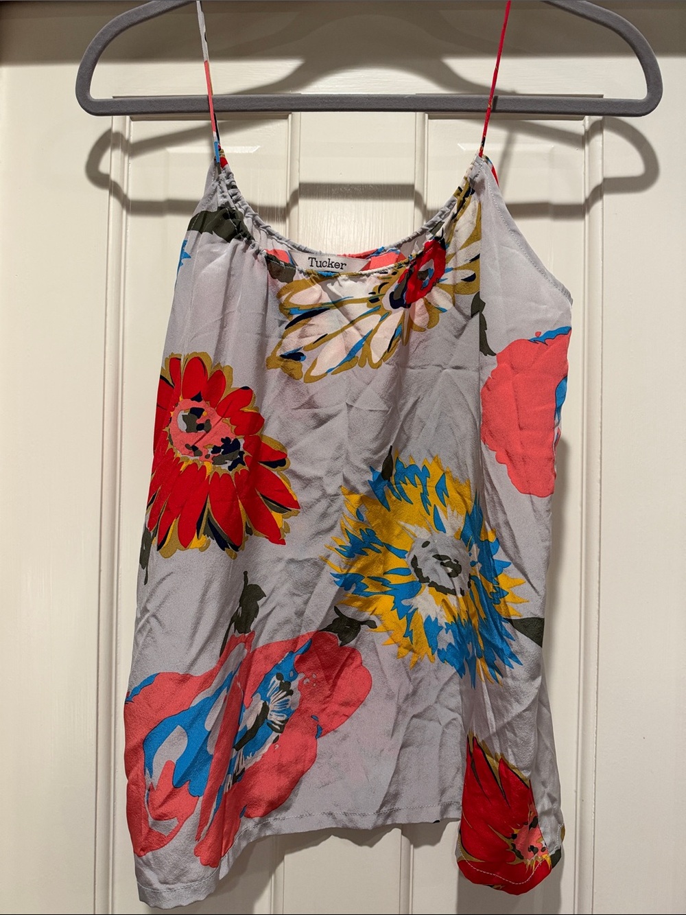 Tucker Light Gray Floral Spaghetti Strap Camisole with Red, Yellow & Blue Blooms